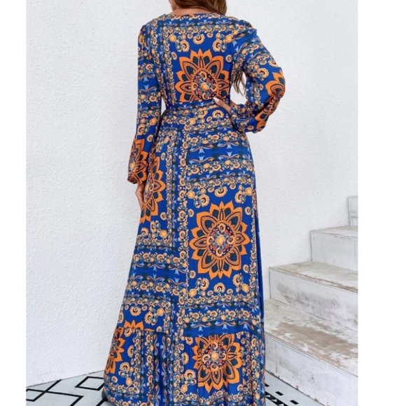 Boho Floral Lantern Sleeve Ruffle Trim Maxi Dress blue - Picture 3 of 6